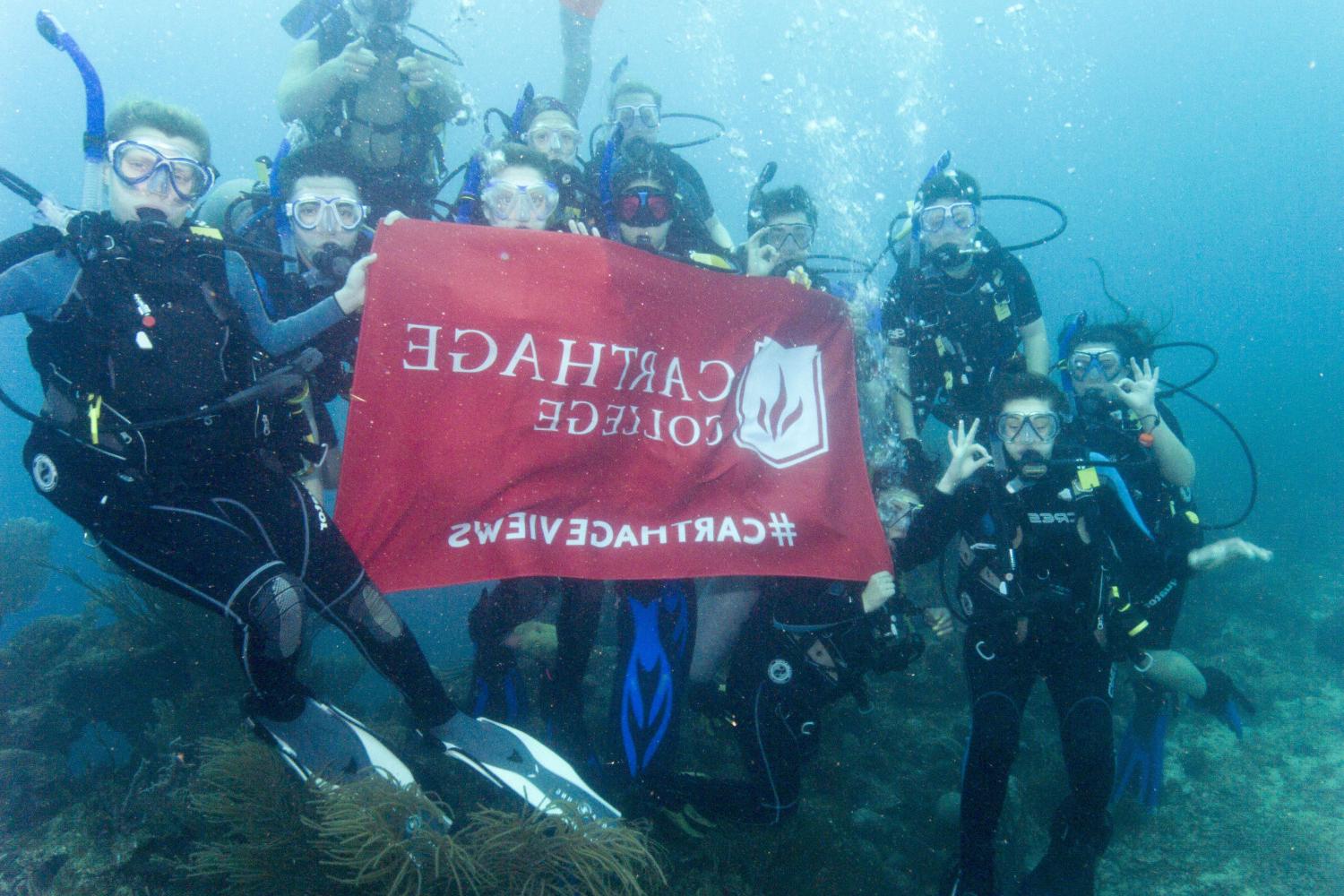 学生们手持<a href='http://hva.manopromotion.com'>bv伟德ios下载</a>旗帜，在j学期洪都拉斯游学之旅中潜水.